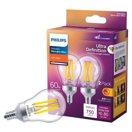Philips Philips Ultra Definition A15 E12 (Candelabra) LED Bulb Soft White 60 Watt Equivalence 2 pk 573394